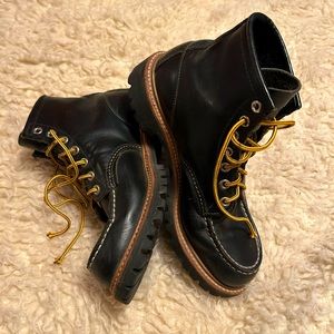 Red Wing moc-toe boots.